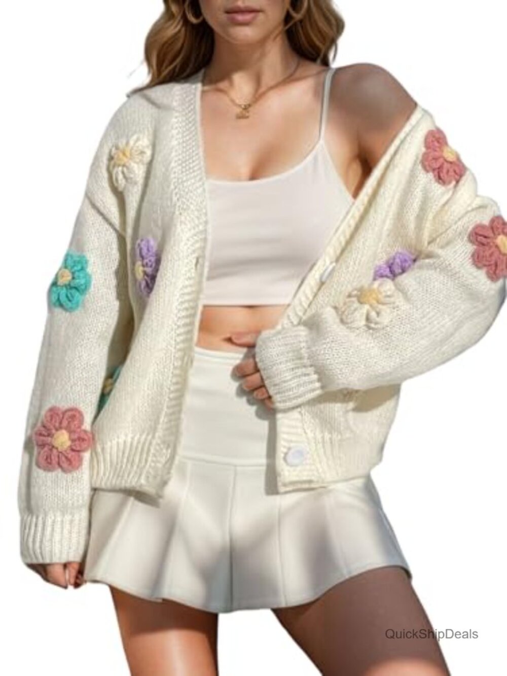 Ribbed Knit Cardigan Floral Embroidery Applique Button Up Sweater Coat